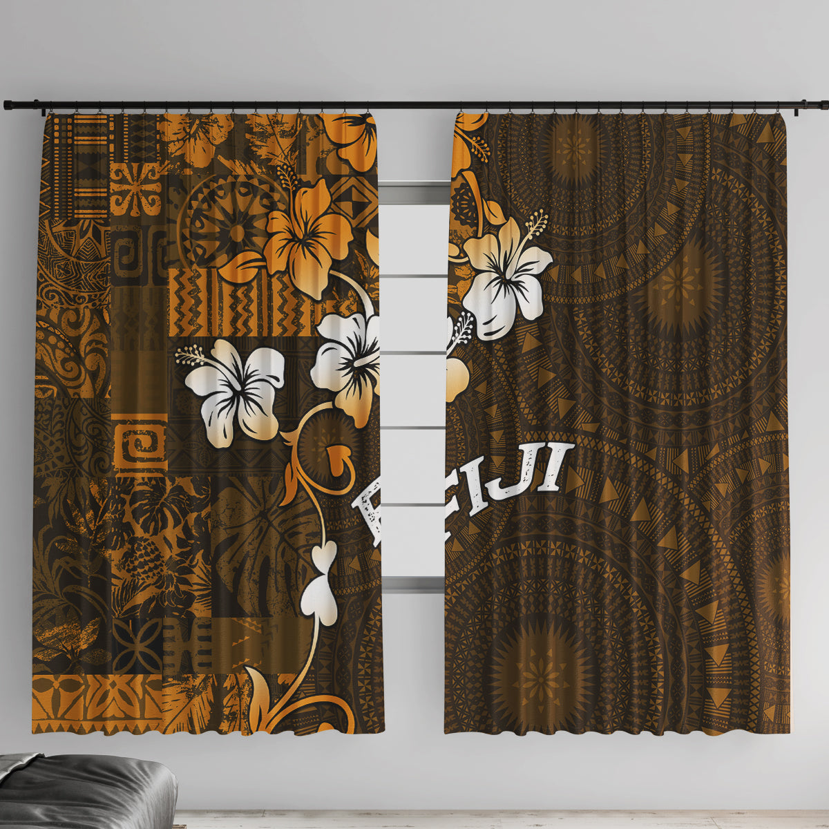 Fiji Masi With Hibiscus Tapa Tribal Window Curtain Gold Version LT01 With Hooks Gold - Polynesian Pride