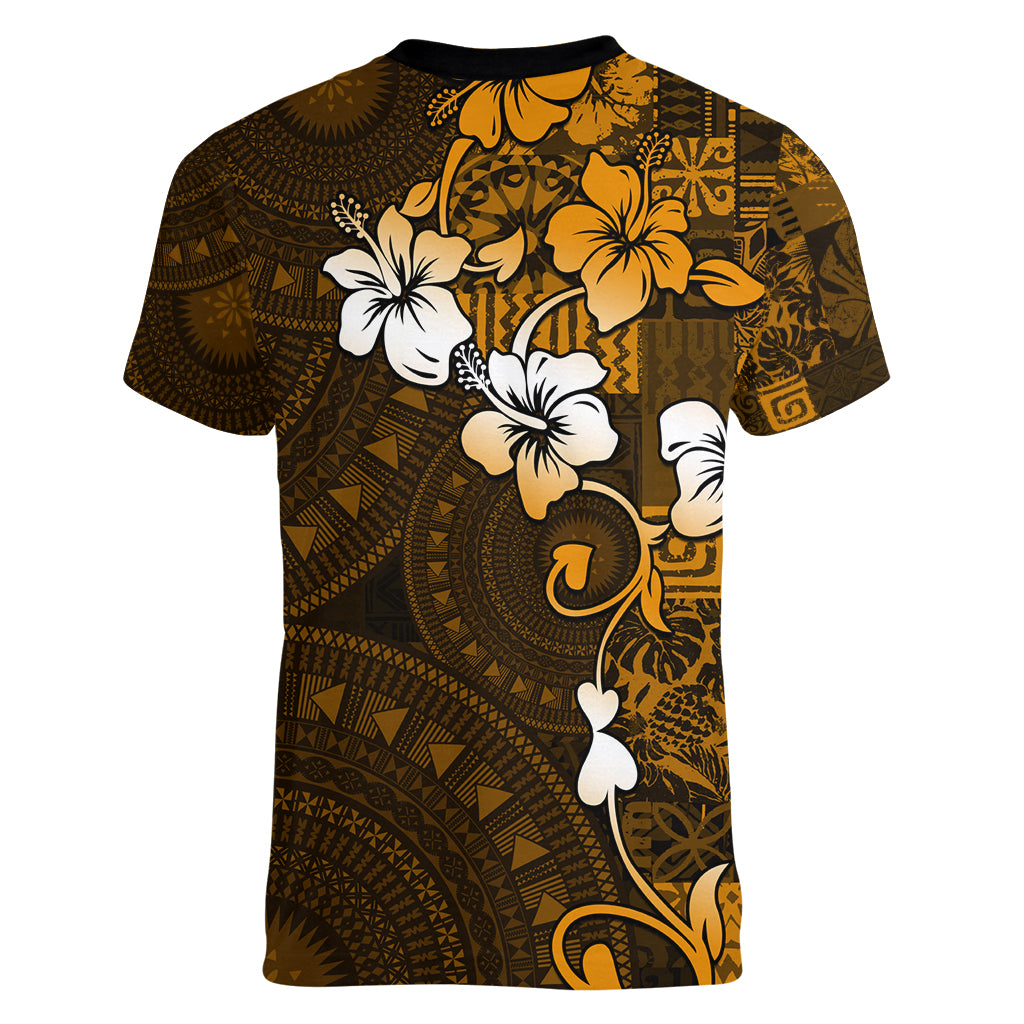 Fiji Masi With Hibiscus Tapa Tribal Women V Neck T Shirt Gold Version LT01 - Polynesian Pride