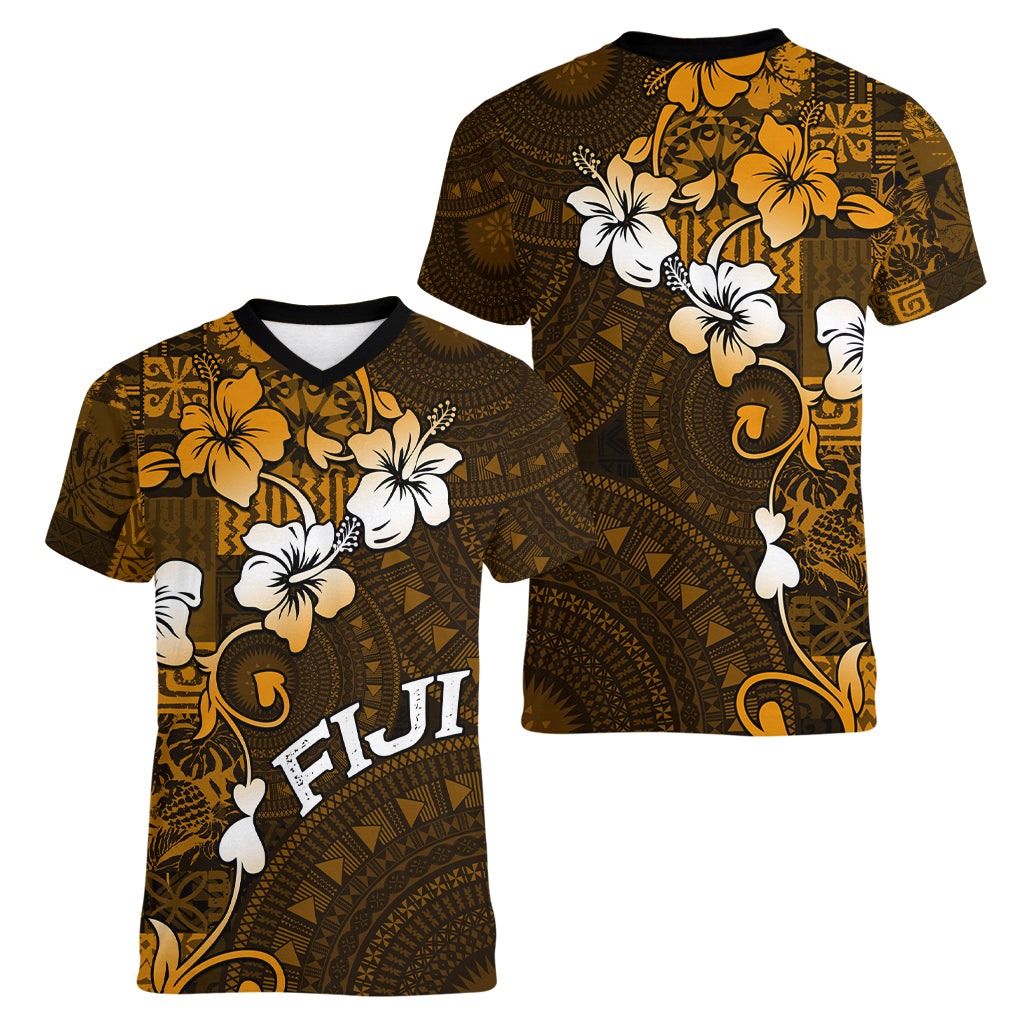 Fiji Masi With Hibiscus Tapa Tribal Women V Neck T Shirt Gold Version LT01 - Polynesian Pride