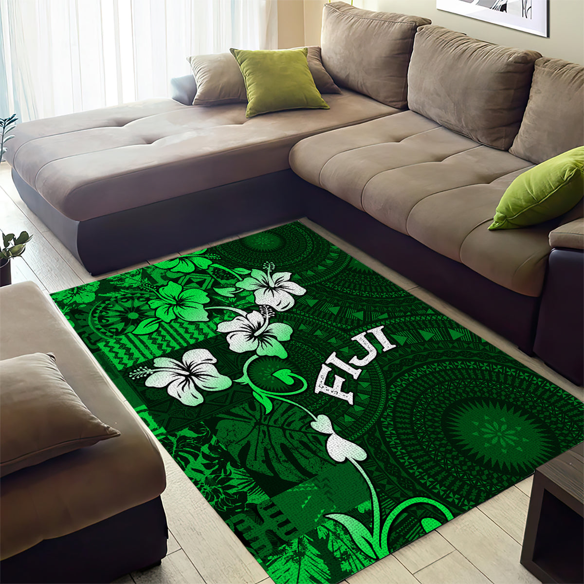 Fiji Masi Area Rug Fijian Hibiscus Tapa Green Version LT01 - Polynesian Pride