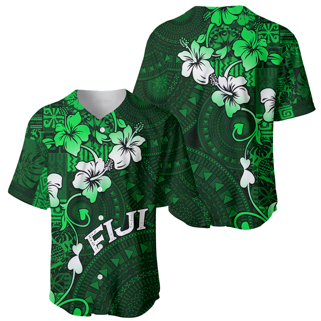 Fiji Masi Baseball Jersey Fijian Hibiscus Tapa Green Version LT01 - Polynesian Pride