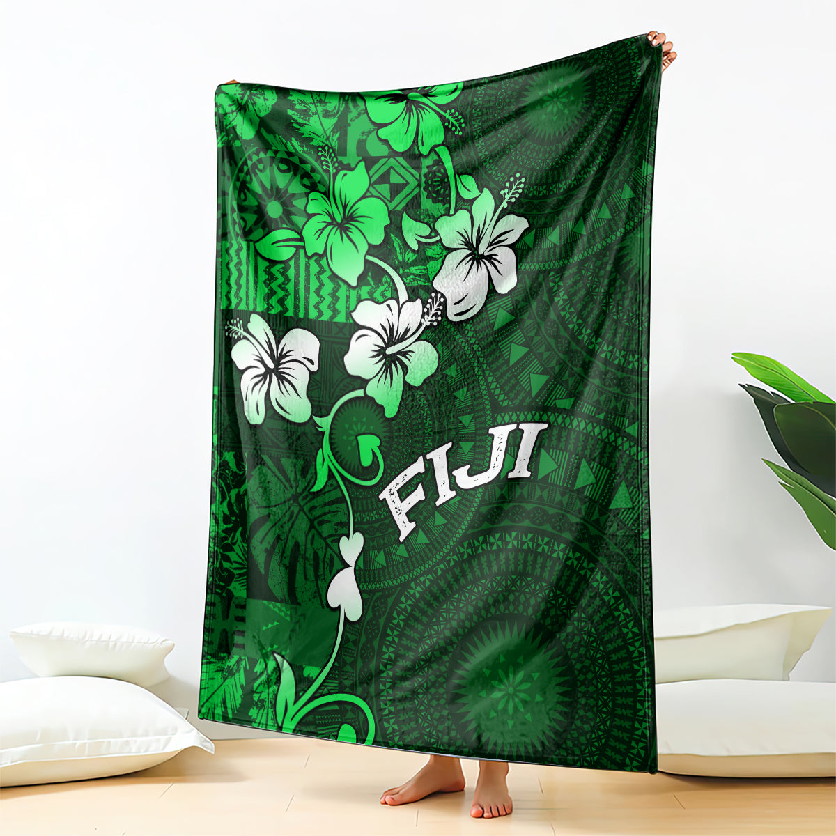 Fiji Masi Blanket Fijian Hibiscus Tapa Green Version LT01 Green - Polynesian Pride