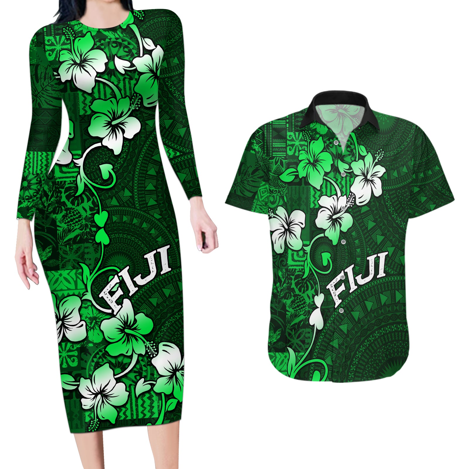 Fiji Masi Couples Matching Long Sleeve Bodycon Dress and Hawaiian Shirt Fijian Hibiscus Tapa Green Version LT01 Green - Polynesian Pride