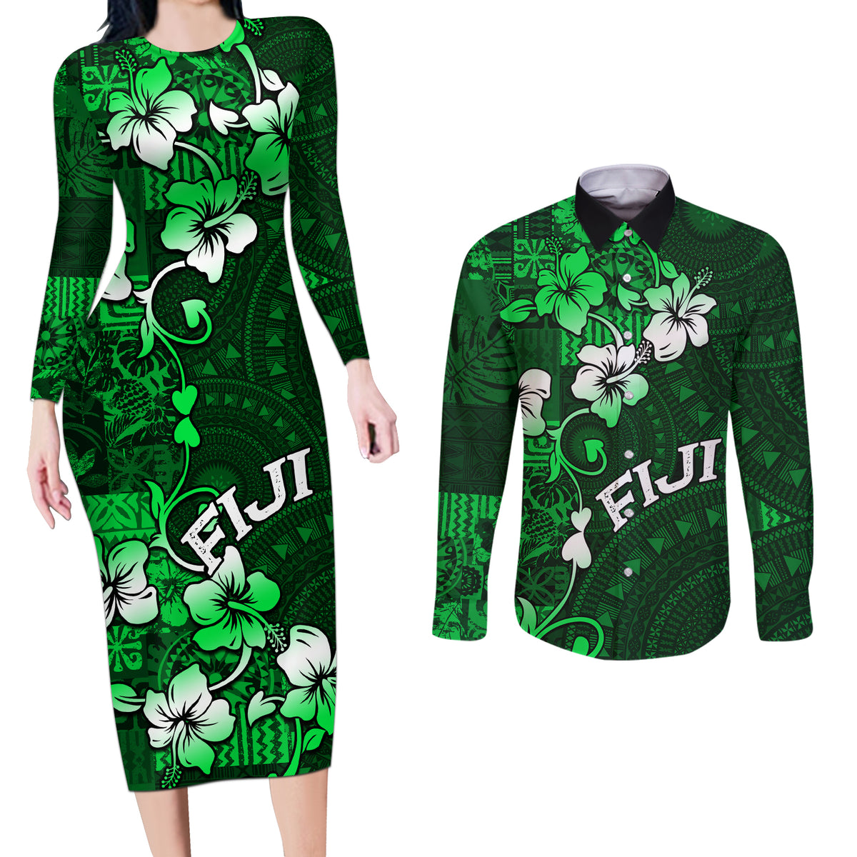 Fiji Masi Couples Matching Long Sleeve Bodycon Dress and Long Sleeve Button Shirt Fijian Hibiscus Tapa Green Version LT01 Green - Polynesian Pride