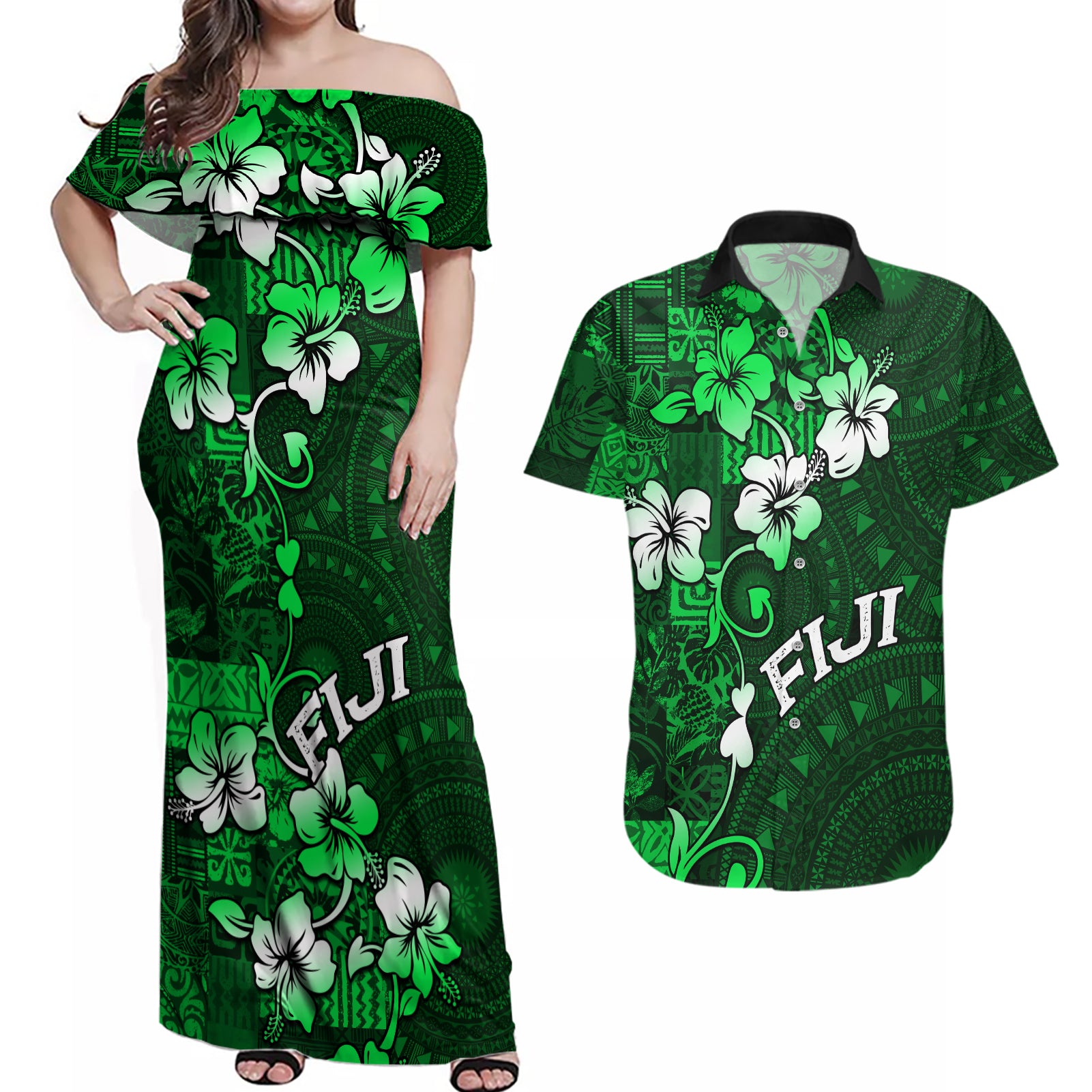 Fiji Masi Couples Matching Off Shoulder Maxi Dress and Hawaiian Shirt Fijian Hibiscus Tapa Green Version LT01 Green - Polynesian Pride