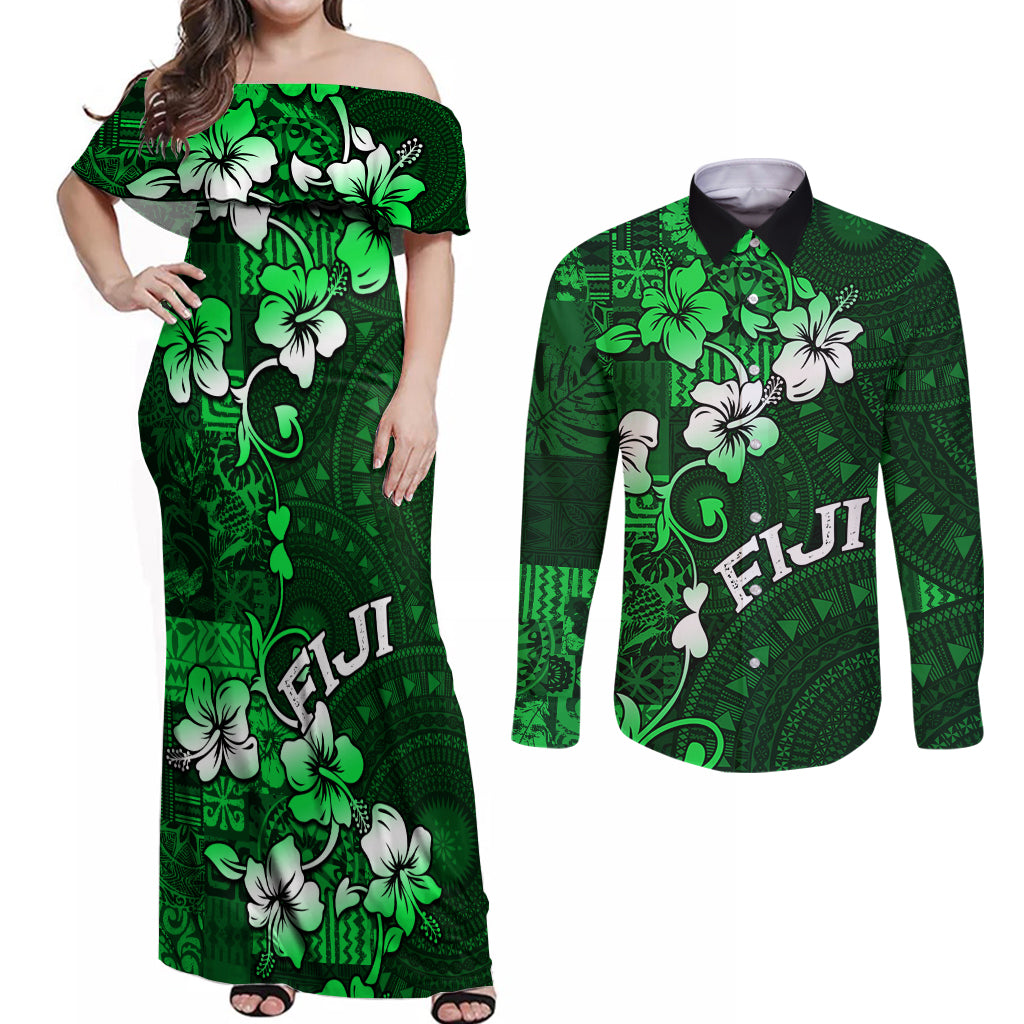 Fiji Masi Couples Matching Off Shoulder Maxi Dress and Long Sleeve Button Shirt Fijian Hibiscus Tapa Green Version LT01 Green - Polynesian Pride