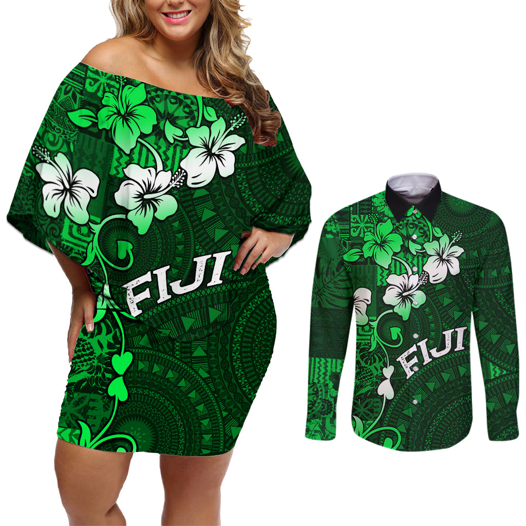 Fiji Masi Couples Matching Off Shoulder Short Dress and Long Sleeve Button Shirt Fijian Hibiscus Tapa Green Version LT01 Green - Polynesian Pride