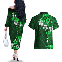 Fiji Masi Couples Matching Off The Shoulder Long Sleeve Dress and Hawaiian Shirt Fijian Hibiscus Tapa Green Version LT01 - Polynesian Pride