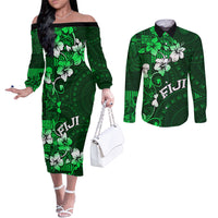 Fiji Masi Couples Matching Off The Shoulder Long Sleeve Dress and Long Sleeve Button Shirt Fijian Hibiscus Tapa Green Version LT01 Green - Polynesian Pride