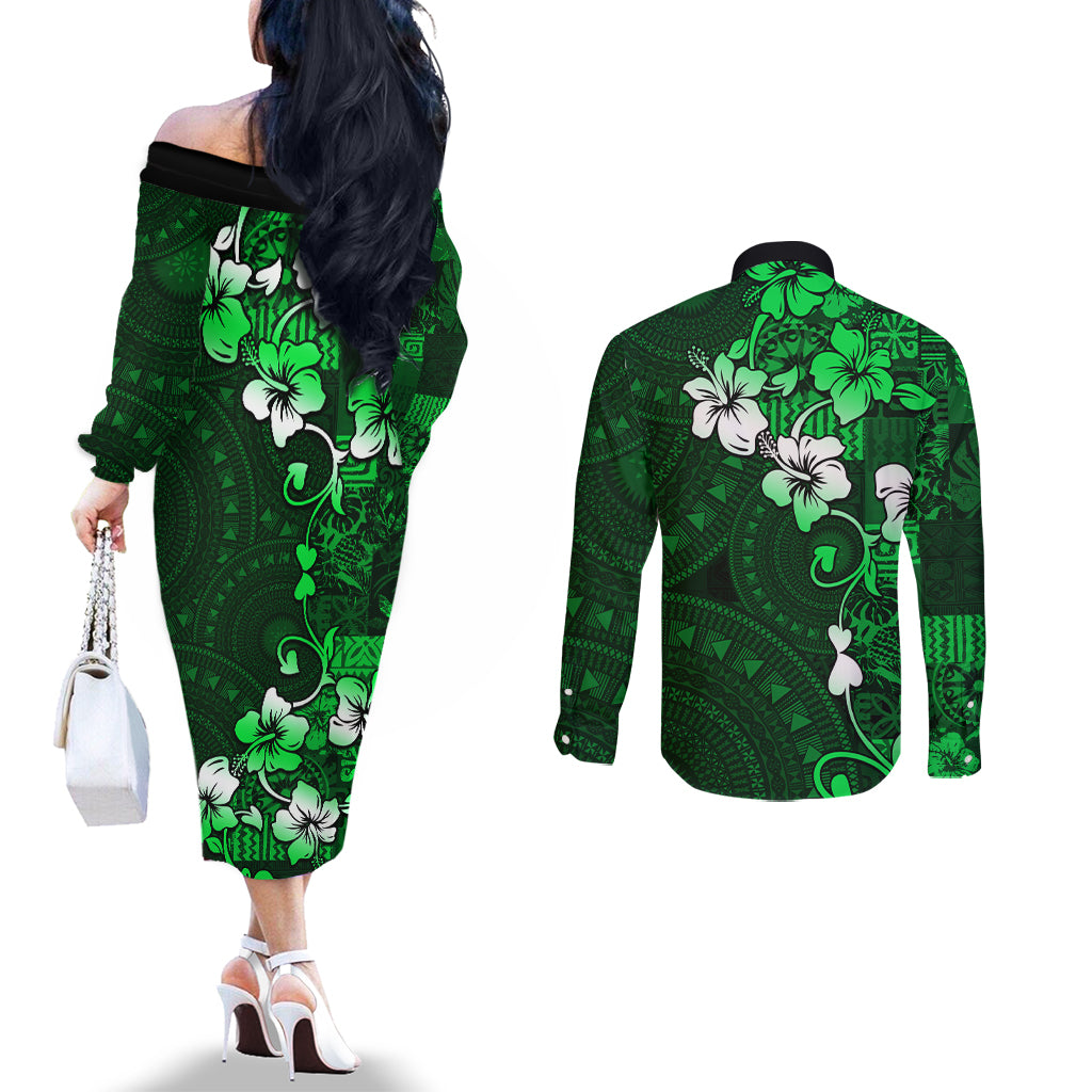 Fiji Masi Couples Matching Off The Shoulder Long Sleeve Dress and Long Sleeve Button Shirt Fijian Hibiscus Tapa Green Version LT01 - Polynesian Pride