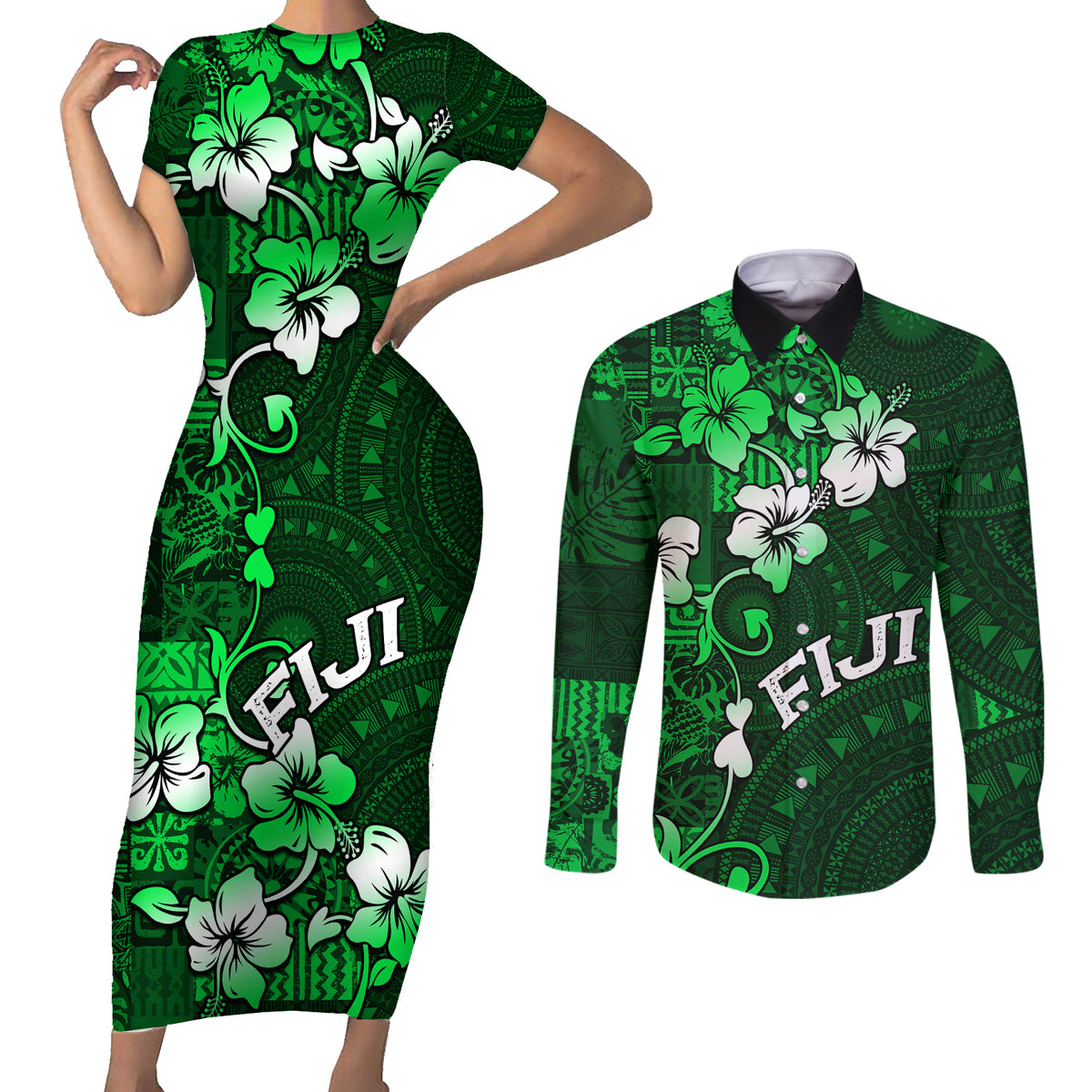 Fiji Masi Couples Matching Short Sleeve Bodycon Dress and Long Sleeve Button Shirt Fijian Hibiscus Tapa Green Version LT01 Green - Polynesian Pride