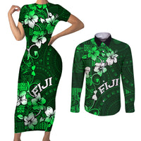 Fiji Masi Couples Matching Short Sleeve Bodycon Dress and Long Sleeve Button Shirt Fijian Hibiscus Tapa Green Version LT01 Green - Polynesian Pride