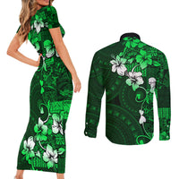 Fiji Masi Couples Matching Short Sleeve Bodycon Dress and Long Sleeve Button Shirt Fijian Hibiscus Tapa Green Version LT01 - Polynesian Pride