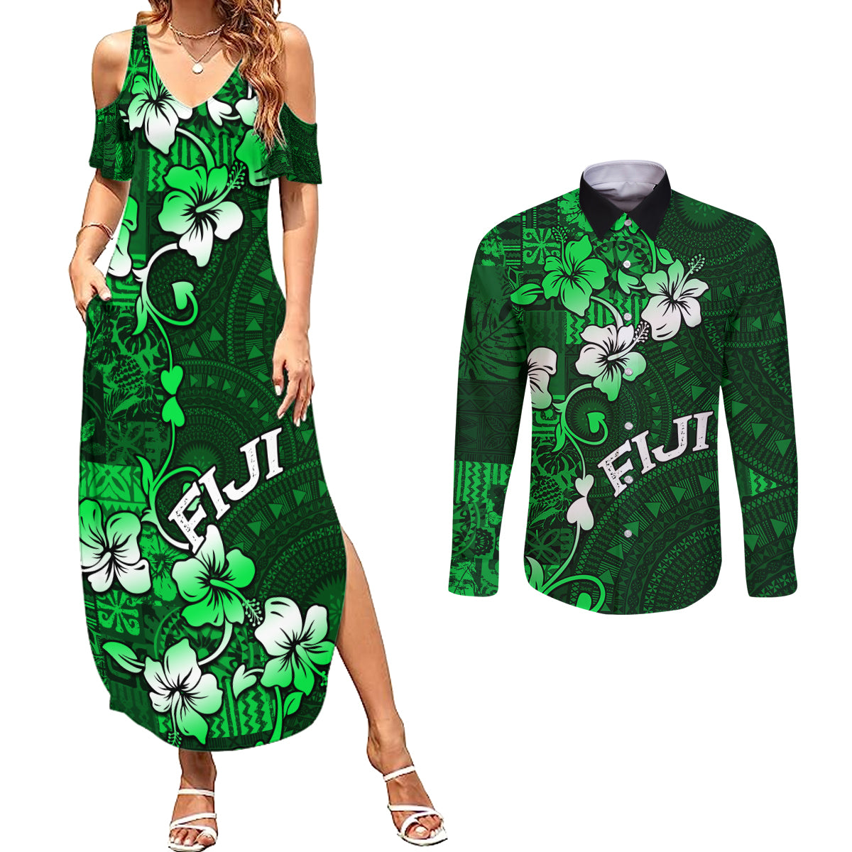 Fiji Masi Couples Matching Summer Maxi Dress and Long Sleeve Button Shirt Fijian Hibiscus Tapa Green Version LT01 Green - Polynesian Pride