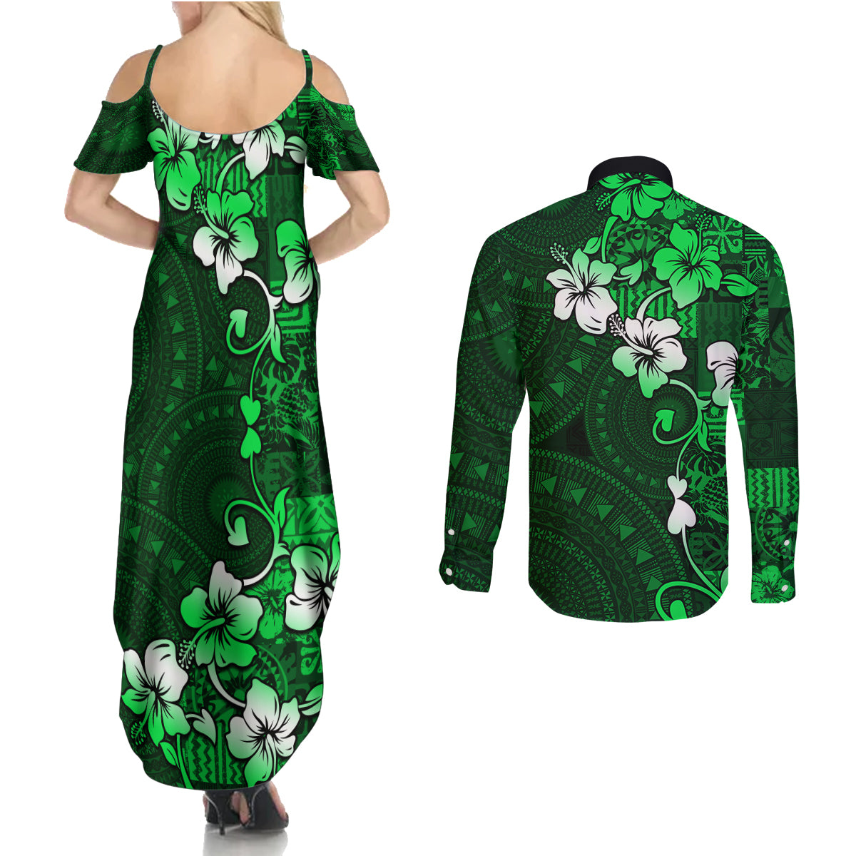 Fiji Masi Couples Matching Summer Maxi Dress and Long Sleeve Button Shirt Fijian Hibiscus Tapa Green Version LT01 - Polynesian Pride