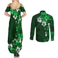 Fiji Masi Couples Matching Summer Maxi Dress and Long Sleeve Button Shirt Fijian Hibiscus Tapa Green Version LT01 - Polynesian Pride