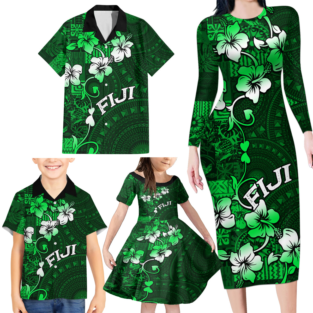 Fiji Masi Family Matching Long Sleeve Bodycon Dress and Hawaiian Shirt Fijian Hibiscus Tapa Green Version LT01 - Polynesian Pride