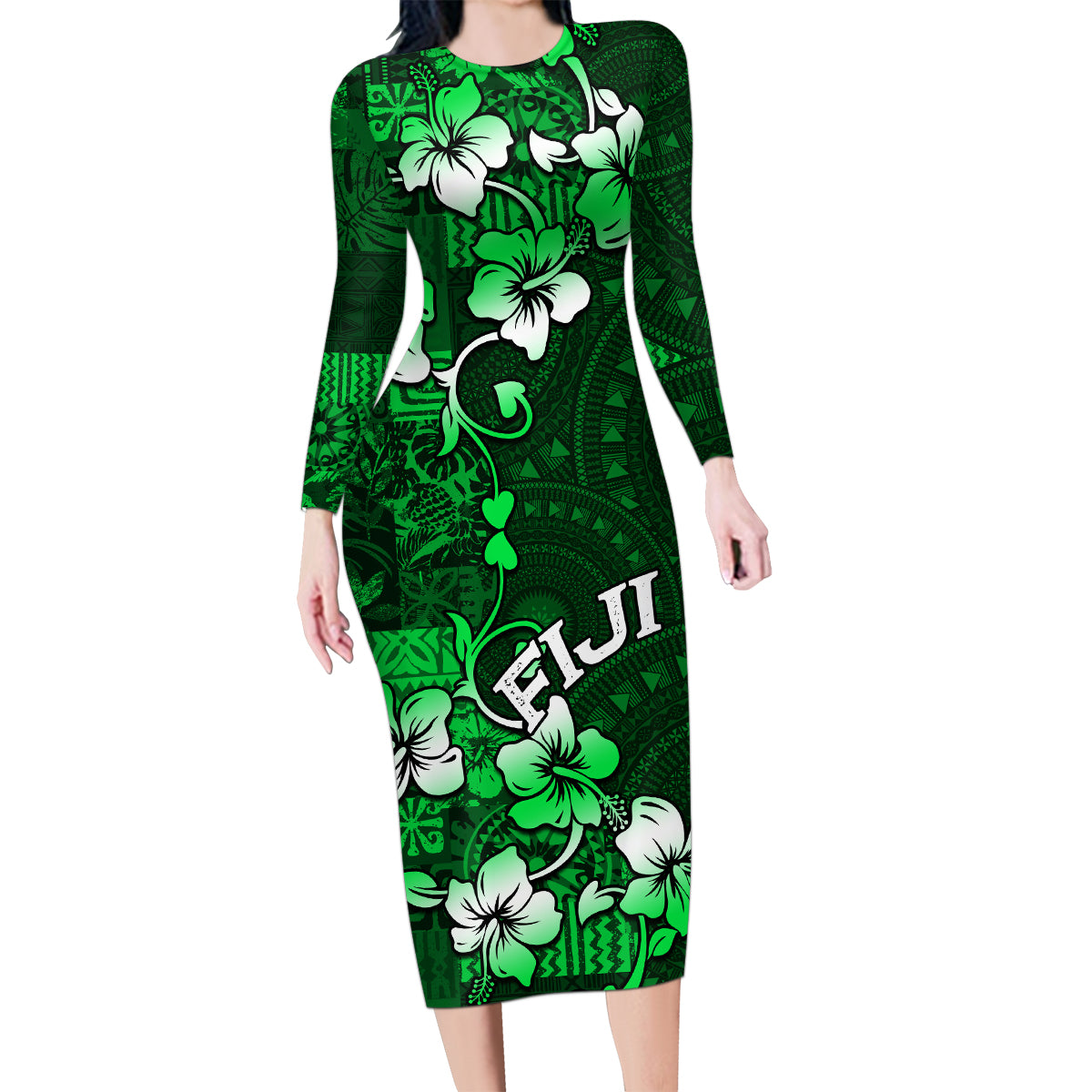 Fiji Masi Family Matching Long Sleeve Bodycon Dress and Hawaiian Shirt Fijian Hibiscus Tapa Green Version LT01 Mom's Dress Green - Polynesian Pride