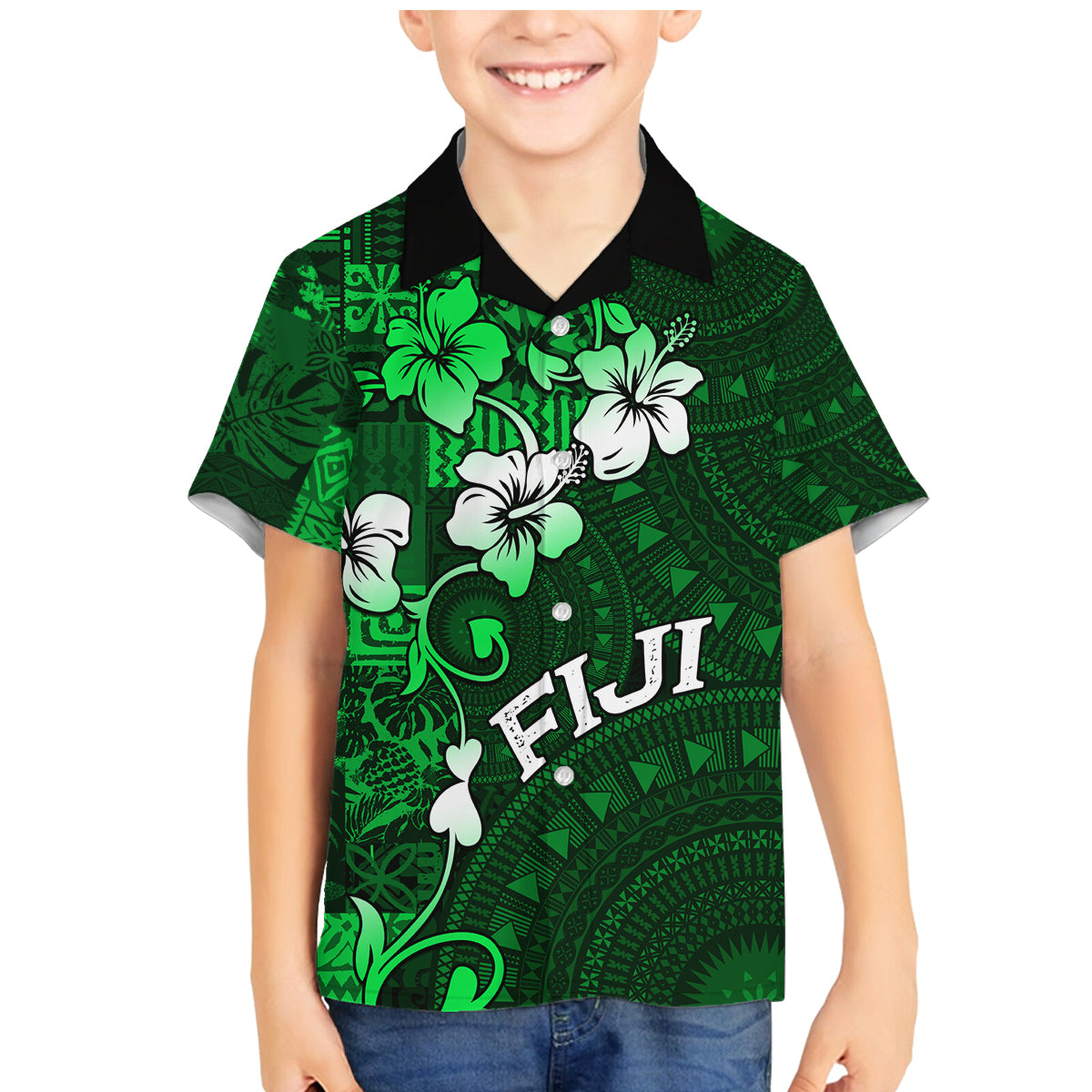 Fiji Masi Family Matching Mermaid Dress and Hawaiian Shirt Fijian Hibiscus Tapa Green Version LT01 Son's Shirt Green - Polynesian Pride