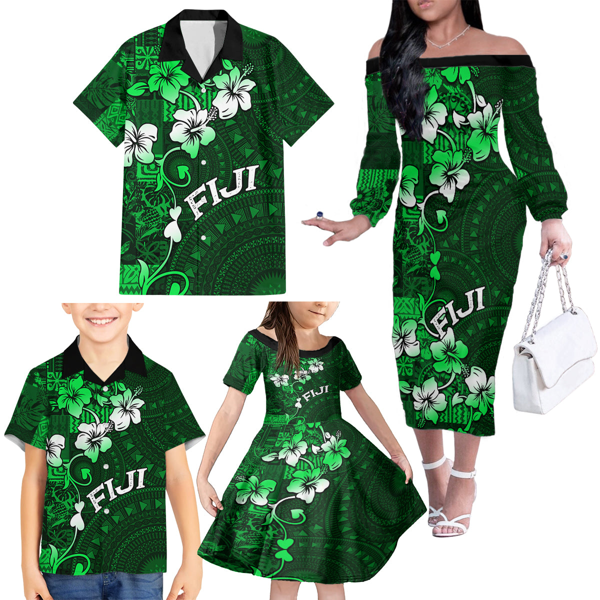 Fiji Masi Family Matching Off Shoulder Long Sleeve Dress and Hawaiian Shirt Fijian Hibiscus Tapa Green Version LT01 - Polynesian Pride