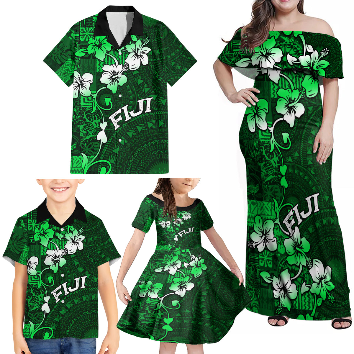 Fiji Masi Family Matching Off Shoulder Maxi Dress and Hawaiian Shirt Fijian Hibiscus Tapa Green Version LT01 - Polynesian Pride