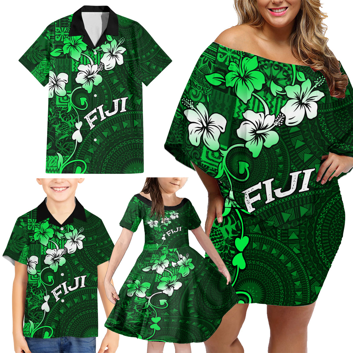 Fiji Masi Family Matching Off Shoulder Short Dress and Hawaiian Shirt Fijian Hibiscus Tapa Green Version LT01 - Polynesian Pride