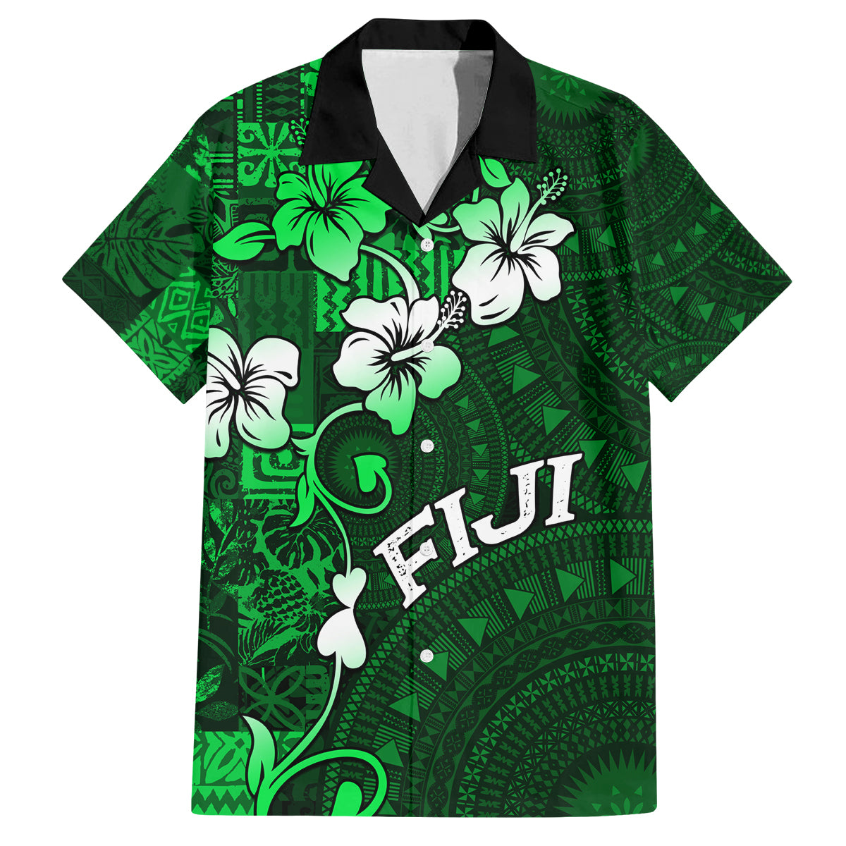 Fiji Masi Family Matching Tank Maxi Dress and Hawaiian Shirt Fijian Hibiscus Tapa Green Version LT01 Dad's Shirt - Short Sleeve Green - Polynesian Pride