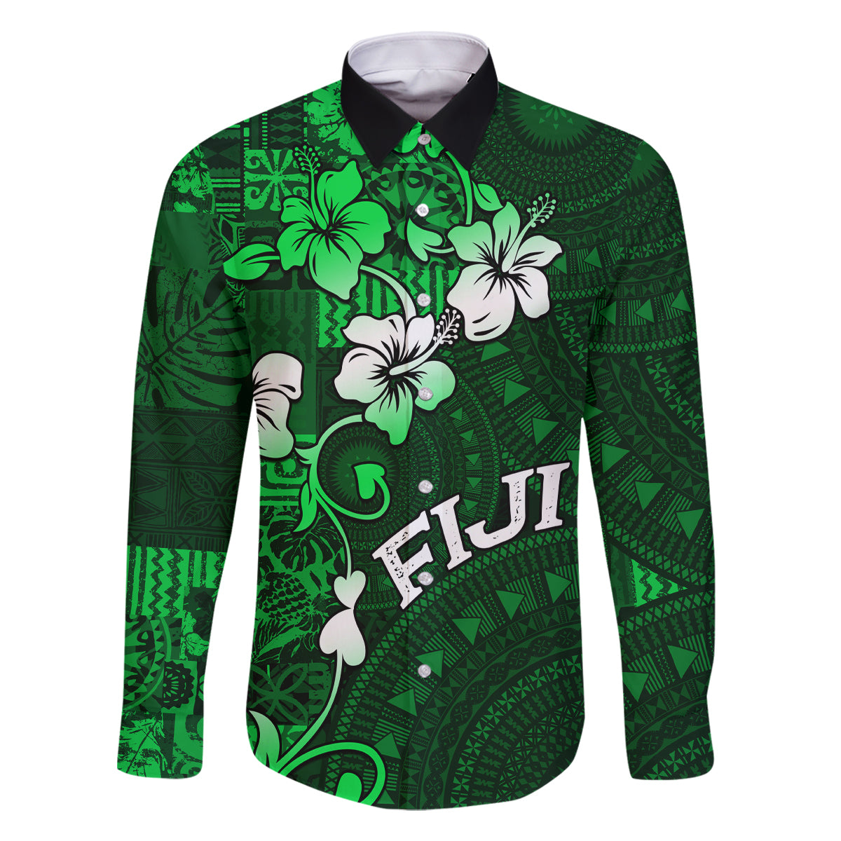 Fiji Masi Family Matching Tank Maxi Dress and Hawaiian Shirt Fijian Hibiscus Tapa Green Version LT01 Dad's Shirt - Long Sleeve Green - Polynesian Pride