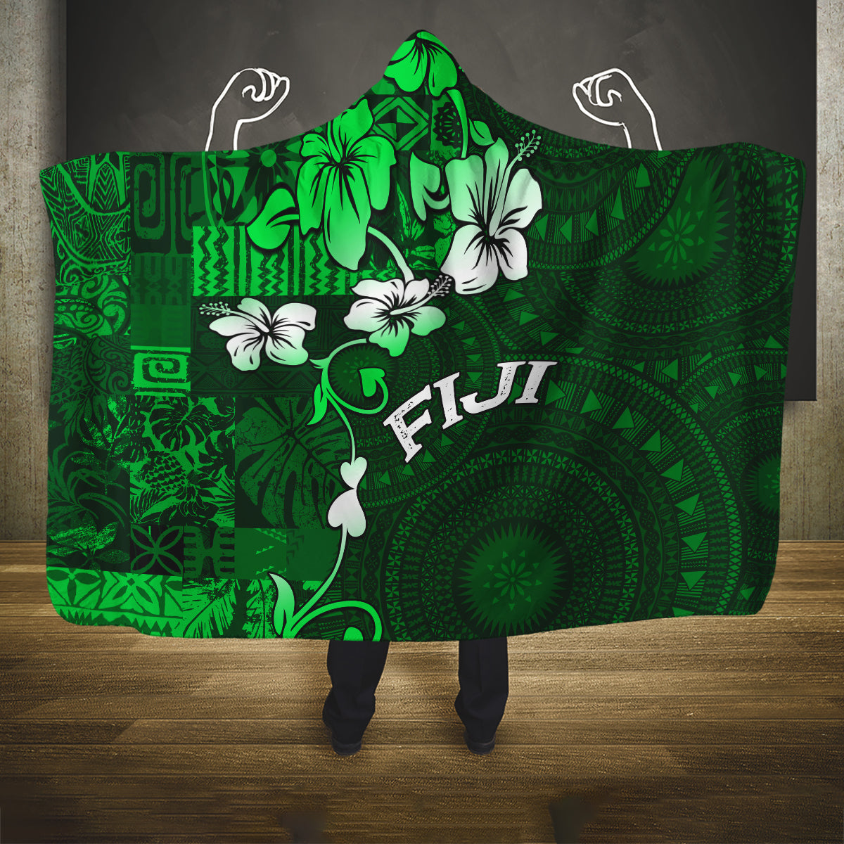 Fiji Masi Hooded Blanket Fijian Hibiscus Tapa Green Version LT01 One Size Green - Polynesian Pride