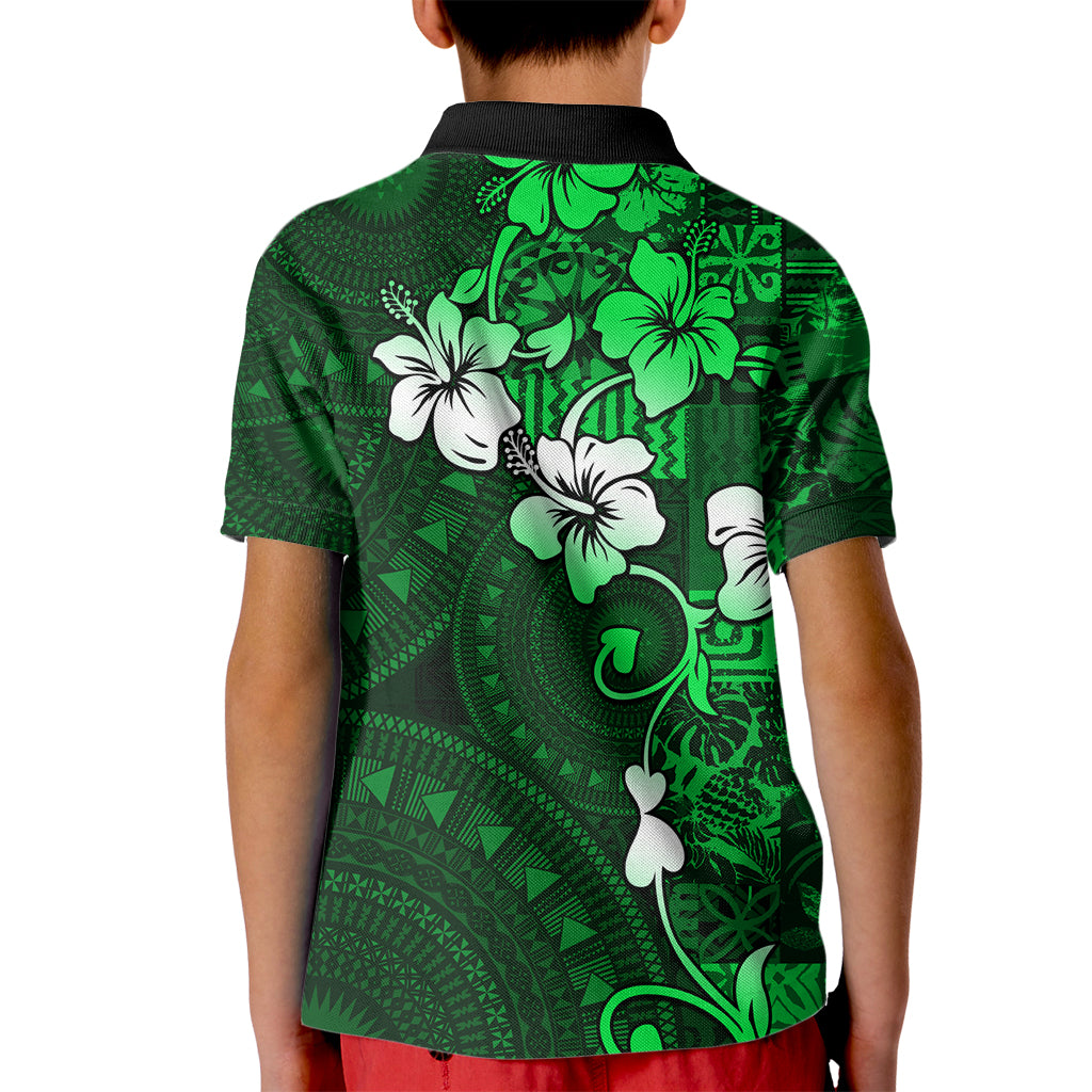 Fiji Masi Kid Polo Shirt Fijian Hibiscus Tapa Green Version LT01 - Polynesian Pride