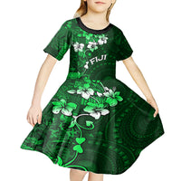 Fiji Masi Kid Short Sleeve Dress Fijian Hibiscus Tapa Green Version LT01 - Polynesian Pride