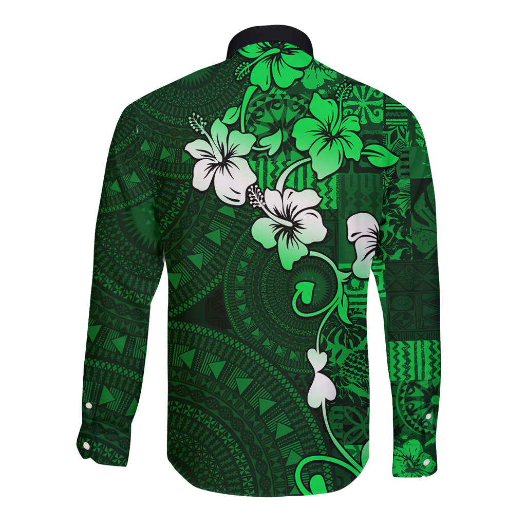 Fiji Masi Long Sleeve Button Shirt Fijian Hibiscus Tapa Green Version LT01 - Polynesian Pride