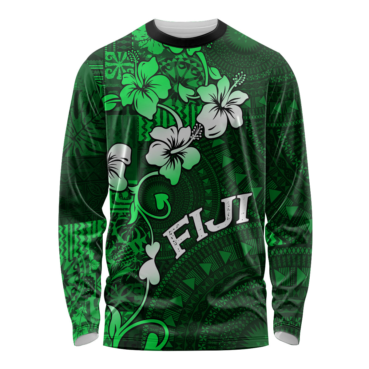 Fiji Masi Long Sleeve Shirt Fijian Hibiscus Tapa Green Version LT01 Unisex Green - Polynesian Pride