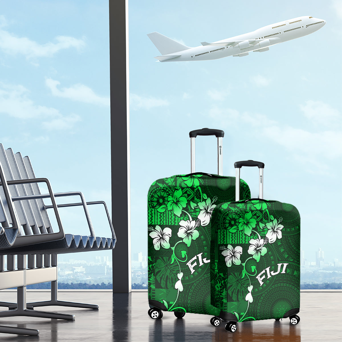 Fiji Masi Luggage Cover Fijian Hibiscus Tapa Green Version LT01 - Polynesian Pride