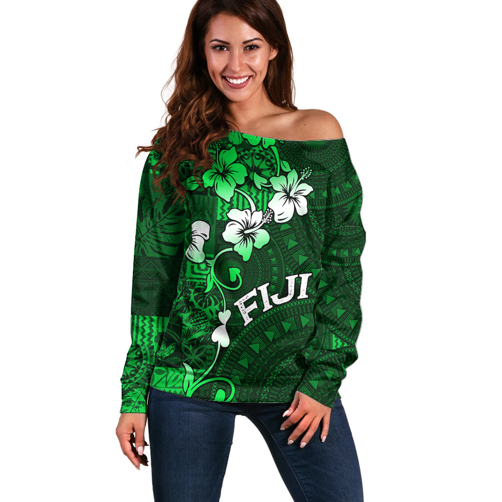 Fiji Masi Off Shoulder Sweater Fijian Hibiscus Tapa Green Version LT01 Women Green - Polynesian Pride