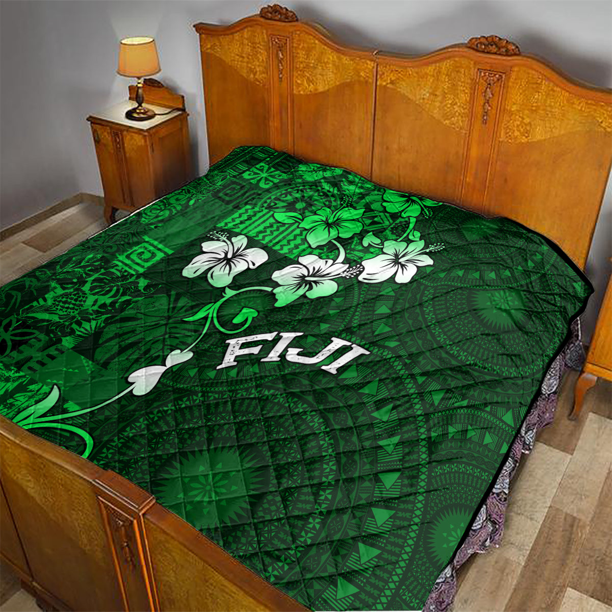 Fiji Masi Quilt Fijian Hibiscus Tapa Green Version LT01 - Polynesian Pride