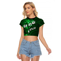 Fiji Masi Raglan Cropped T Shirt Fijian Hibiscus Tapa Green Version LT01 Female Green - Polynesian Pride