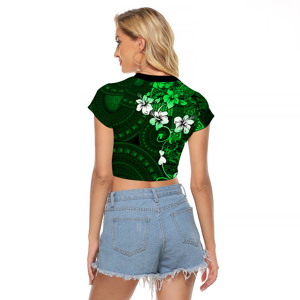 Fiji Masi Raglan Cropped T Shirt Fijian Hibiscus Tapa Green Version LT01 - Polynesian Pride