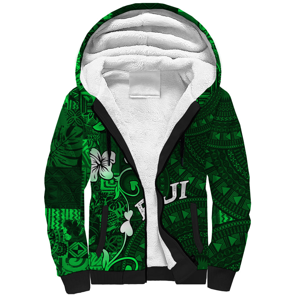 Fiji Masi Sherpa Hoodie Fijian Hibiscus Tapa Green Version LT01 Unisex Green - Polynesian Pride