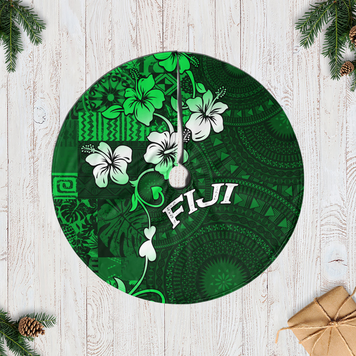 Fiji Masi Tree Skirt Fijian Hibiscus Tapa Green Version LT01 Casual Tree Skirts Green - Polynesian Pride