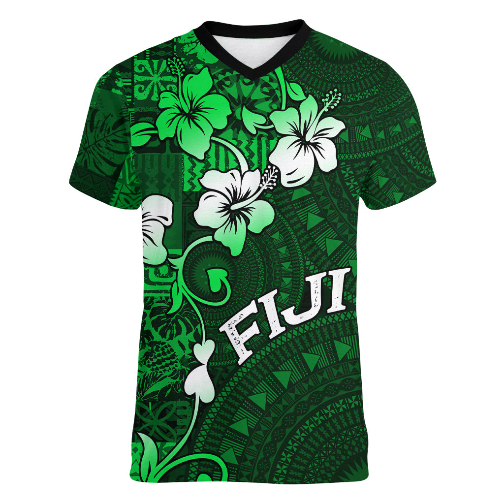 Fiji Masi Women V Neck T Shirt Fijian Hibiscus Tapa Green Version LT01 Female Green - Polynesian Pride