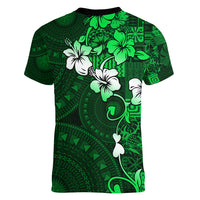 Fiji Masi Women V Neck T Shirt Fijian Hibiscus Tapa Green Version LT01 - Polynesian Pride