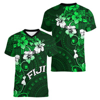 Fiji Masi Women V Neck T Shirt Fijian Hibiscus Tapa Green Version LT01 - Polynesian Pride