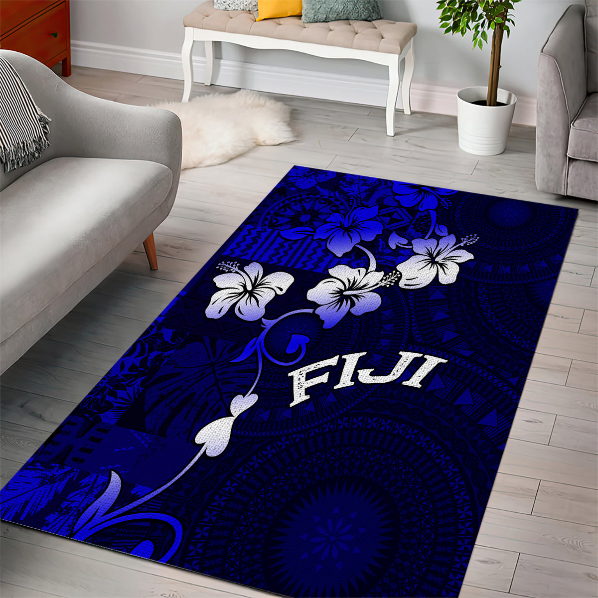 Fiji Masi Area Rug Fijian Hibiscus Navy Blue Gold Version LT01 - Polynesian Pride