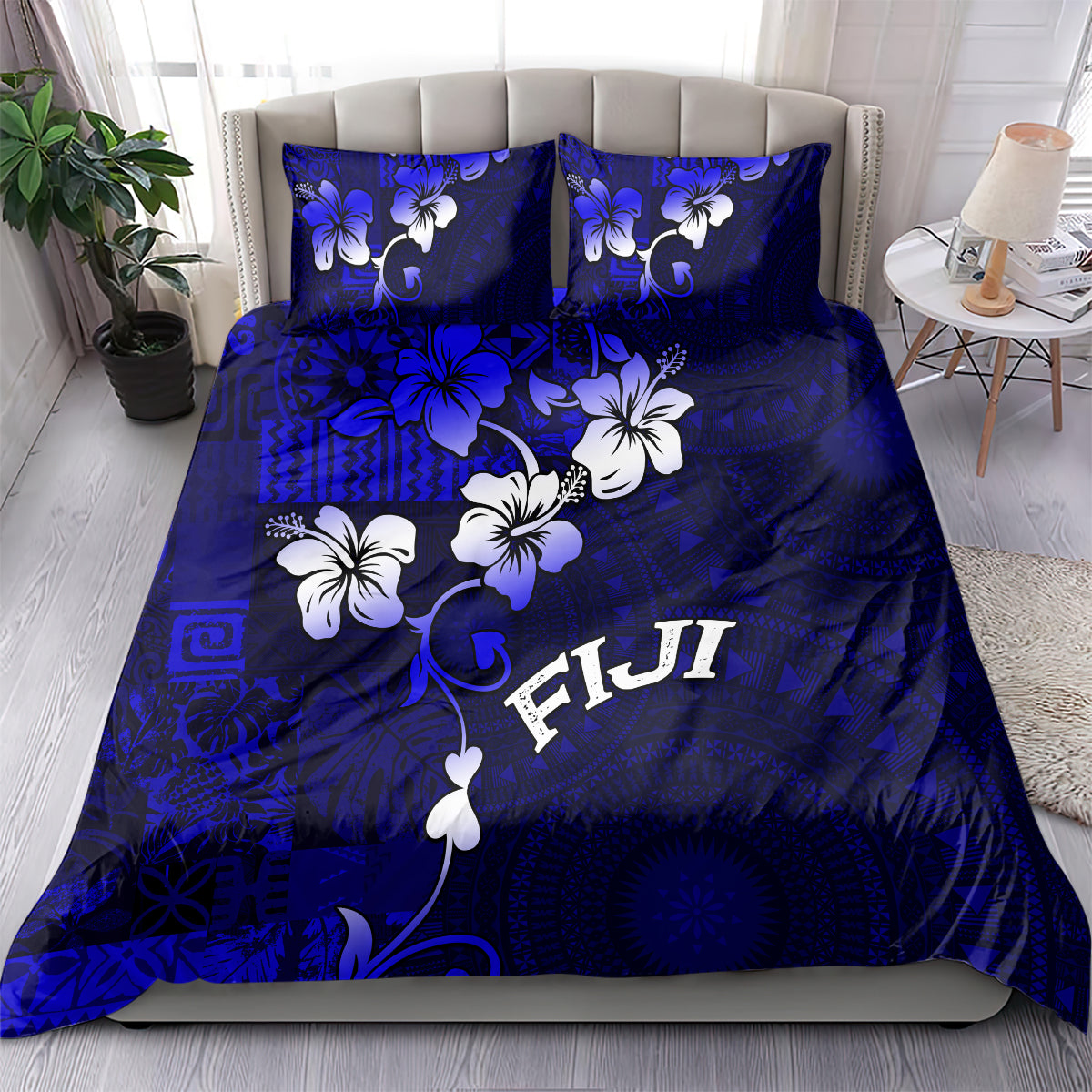 Fiji Masi Bedding Set Fijian Hibiscus Navy Blue Gold Version LT01 - Polynesian Pride
