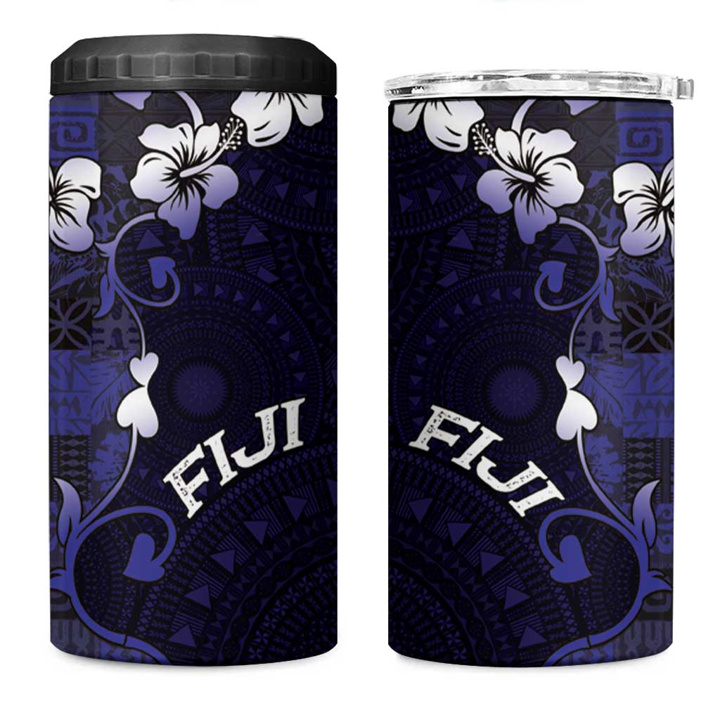 Fiji Masi 4 in 1 Can Cooler Tumbler Fijian Hibiscus Tapa Navy Blue Version