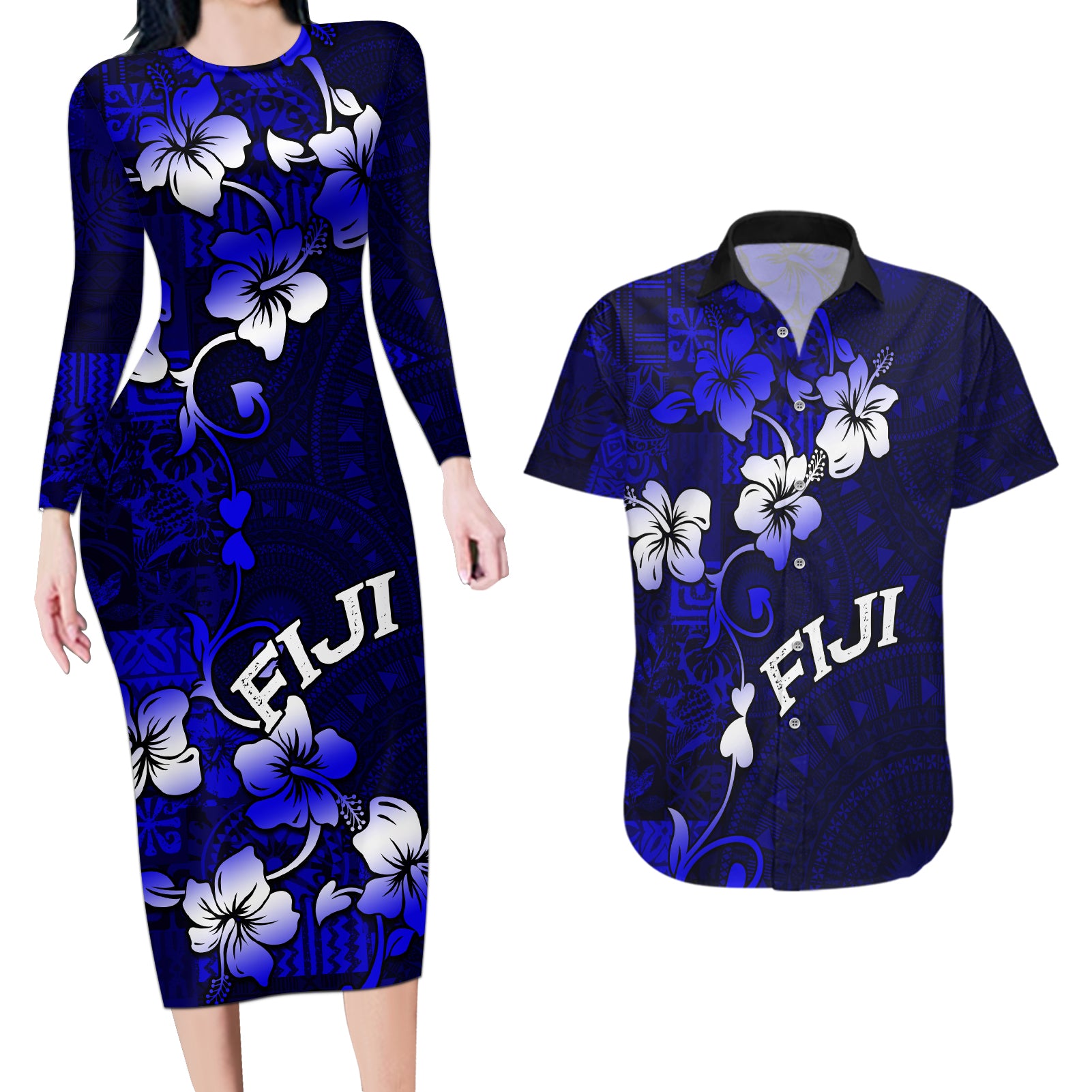 Fiji Masi Couples Matching Long Sleeve Bodycon Dress and Hawaiian Shirt Fijian Hibiscus Navy Blue Gold Version LT01 Blue - Polynesian Pride