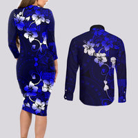 Fiji Masi Couples Matching Long Sleeve Bodycon Dress and Long Sleeve Button Shirt Fijian Hibiscus Navy Blue Gold Version LT01 - Polynesian Pride