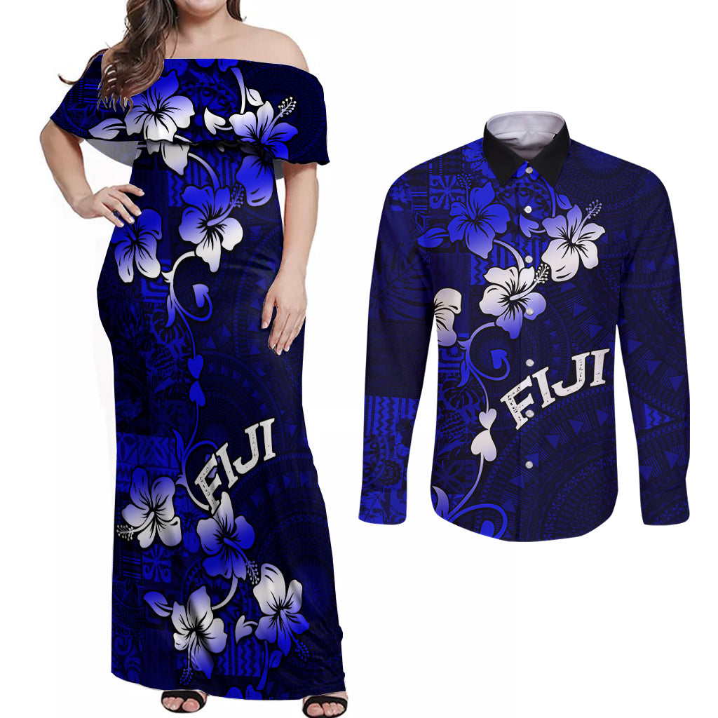 Fiji Masi Couples Matching Off Shoulder Maxi Dress and Long Sleeve Button Shirt Fijian Hibiscus Navy Blue Gold Version LT01 Blue - Polynesian Pride