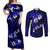 Fiji Masi Couples Matching Off Shoulder Maxi Dress and Long Sleeve Button Shirt Fijian Hibiscus Navy Blue Gold Version LT01 Blue - Polynesian Pride